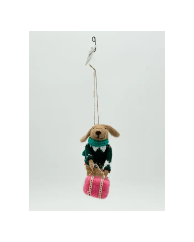 Feutrine chien marron echarpe verte avec sac rose