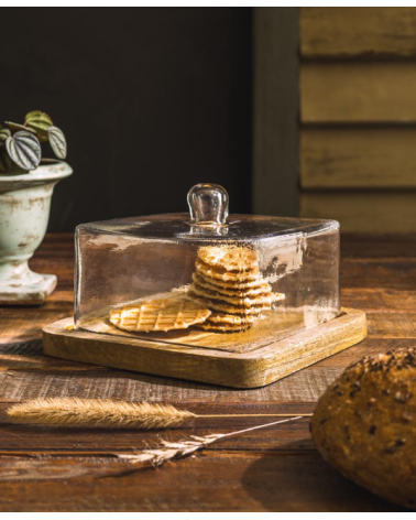 Plateau bois cloche verre carré