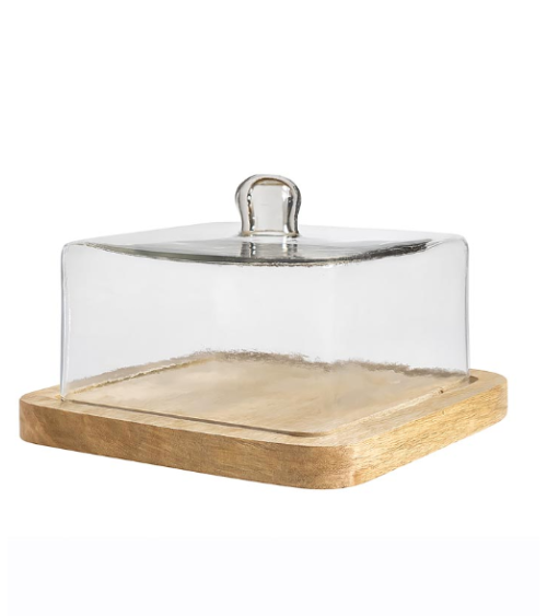 Plateau bois cloche verre carré