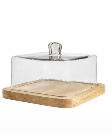 Plateau bois cloche verre carré
