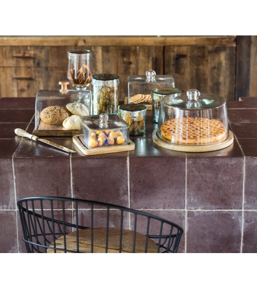 Plateau bois cloche verre carré