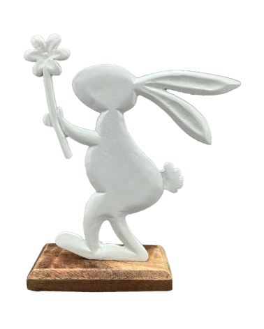 Lapin blanc socle bois 18.5x5x22cm