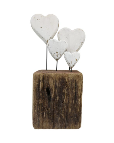 4 Coeurs Blanc sur socle bois